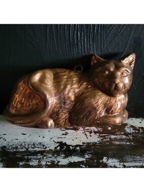 Vintage Copper Tin Lined Cat Kitten Mold Wall Hanging Old Dutch Int